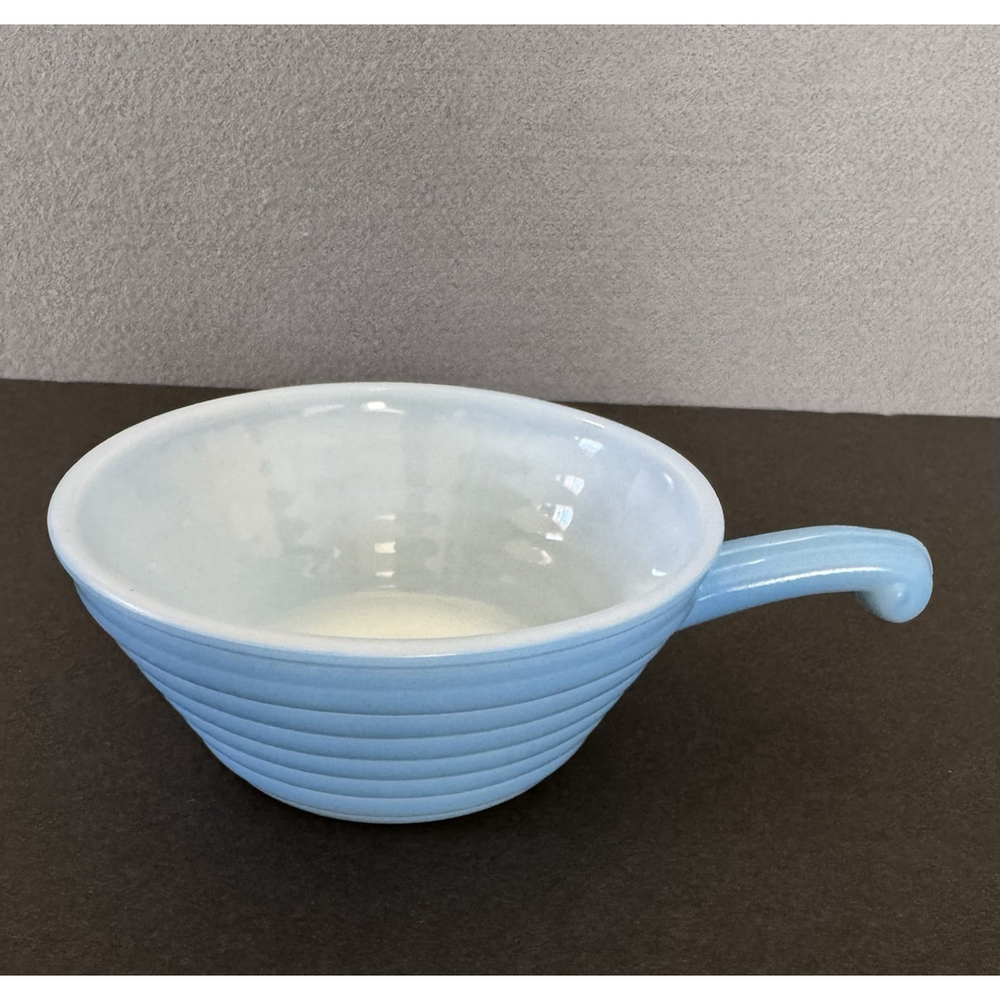 Vintage Fire-King Oven Ware Blue Ribbed Handled Soup Bowl 5” Made USA